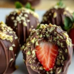 Close-up of sliced chocolate covered strawberry coated with pistachio pieces – Dubai-style dessert