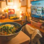 A cozy college dorm room with a small desk, instant ramen bowl topped with colorful ingredients (egg, veggies, green onions, cheese), warm lighting, lifestyle food photography style, realistic, Instagram-worthy