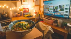 A cozy college dorm room with a small desk, instant ramen bowl topped with colorful ingredients (egg, veggies, green onions, cheese), warm lighting, lifestyle food photography style, realistic, Instagram-worthy
