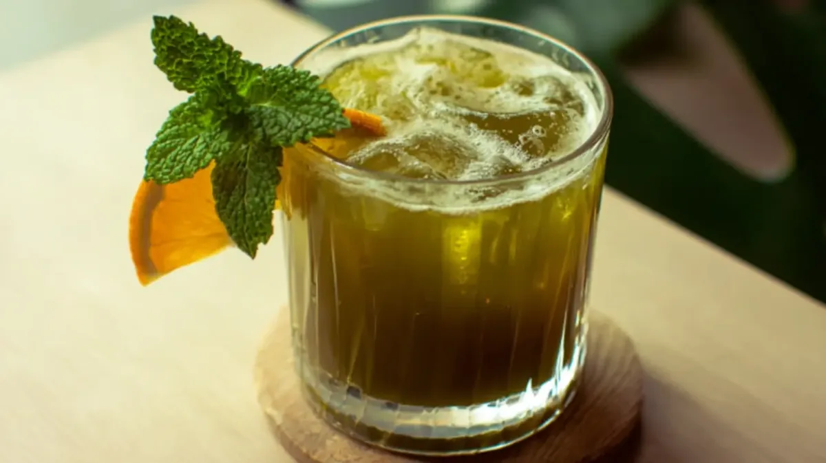 Japanese Mounjaro Recipe: The Natural Drink Taking Over TikTok 1 Chilled Japanese Mounjaro detox tea in a glass with mint and orange slice on a wooden table
