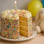 Real Jellycat Birthday Cake Recipe – Inspired by the Famous Bunny Toy Cute birthday cake with rainbow sprinkles and vanilla frosting, next to a Jellycat bunny plush – perfect for children’s celebrations