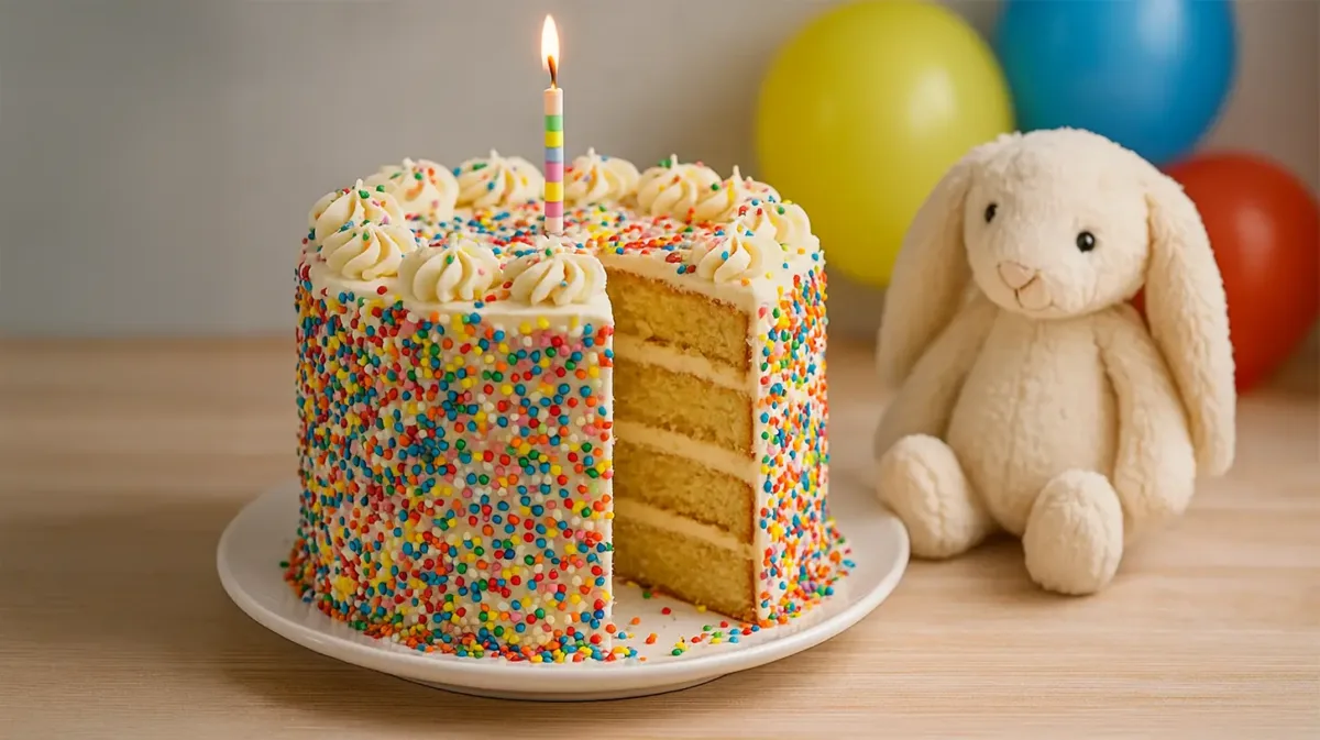 Cute birthday cake with rainbow sprinkles and vanilla frosting, next to a Jellycat bunny plush – perfect for children’s celebrations