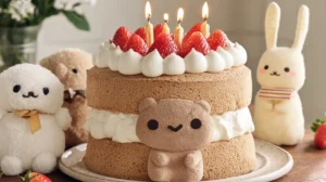 Chocolate chiffon birthday cake with whipped cream, fresh strawberries, and a cute bear face decoration, surrounded by Jellycat plush toys