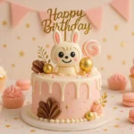 Two-layer Labubu birthday cake with white drip icing, a cute fondant Labubu topper, pink and gold decorations, surrounded by cupcakes and macarons.