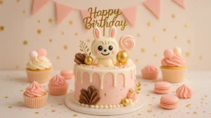 Two-layer Labubu birthday cake with white drip icing, a cute fondant Labubu topper, pink and gold decorations, surrounded by cupcakes and macarons.