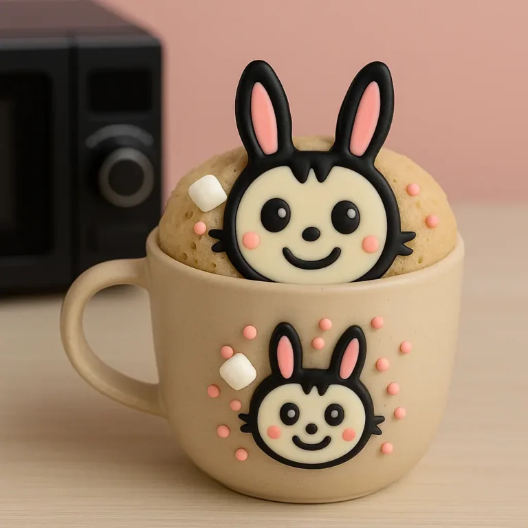 Labubu Mug Cake – Viral Dorm Dessert You Can Make in Minutes 2 Labubu mug cake in a beige ceramic mug, topped with cute edible Labubu face, pink sprinkles, and mini marshmallows, with microwave in background