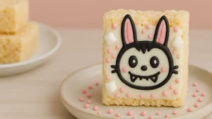 Cute Labubu-themed Rice Krispie treat decorated with white chocolate, pink sprinkles, and marshmallows on a ceramic plate.