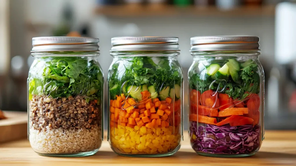 Top 10 College Meal Prep Ideas That Save You Time and Money 2 Three mason jars filled with colorful layered salads made of grains, chopped vegetables, and leafy greens.