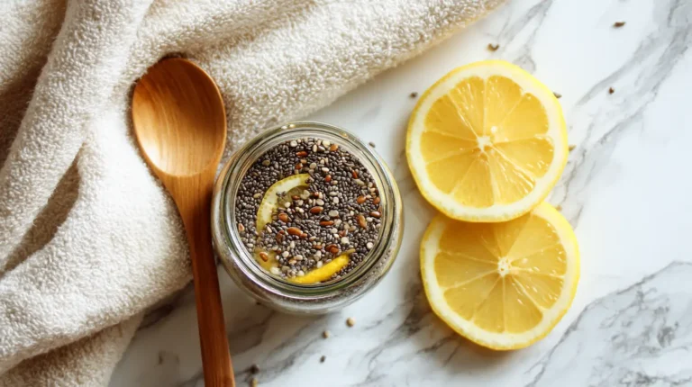 Bariatric Seed Recipe & Ritual: Complete Guide for Healing, Satiety, and Weight Loss 5 A glass jar filled with chia seeds, lemon slices, and mixed seeds on a marble surface, with a wooden spoon and fresh lemon slices nearby.