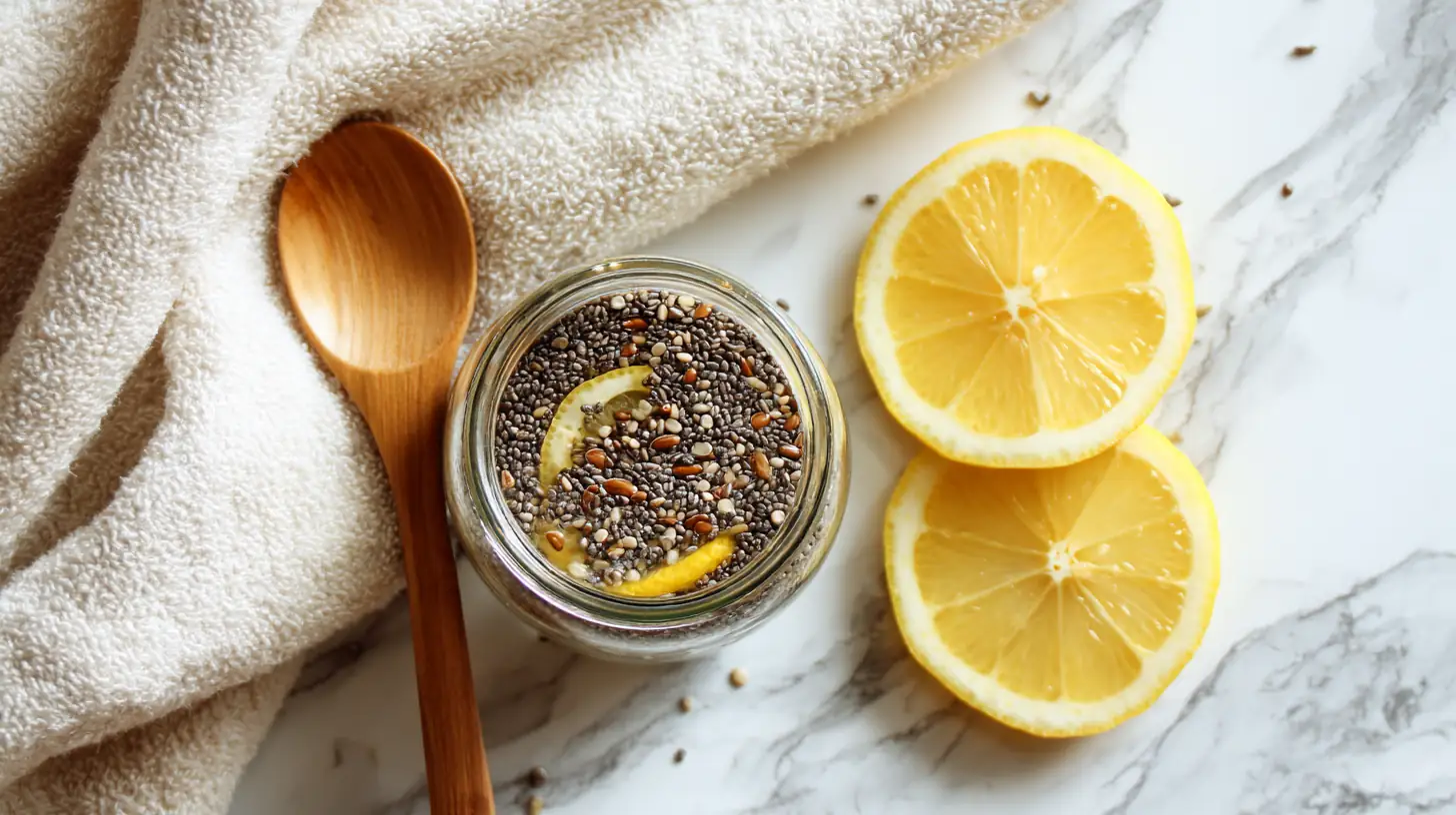 Bariatric Seed Recipe & Ritual: Complete Guide for Healing, Satiety, and Weight Loss 2 A glass jar filled with chia seeds, lemon slices, and mixed seeds on a marble surface, with a wooden spoon and fresh lemon slices nearby.