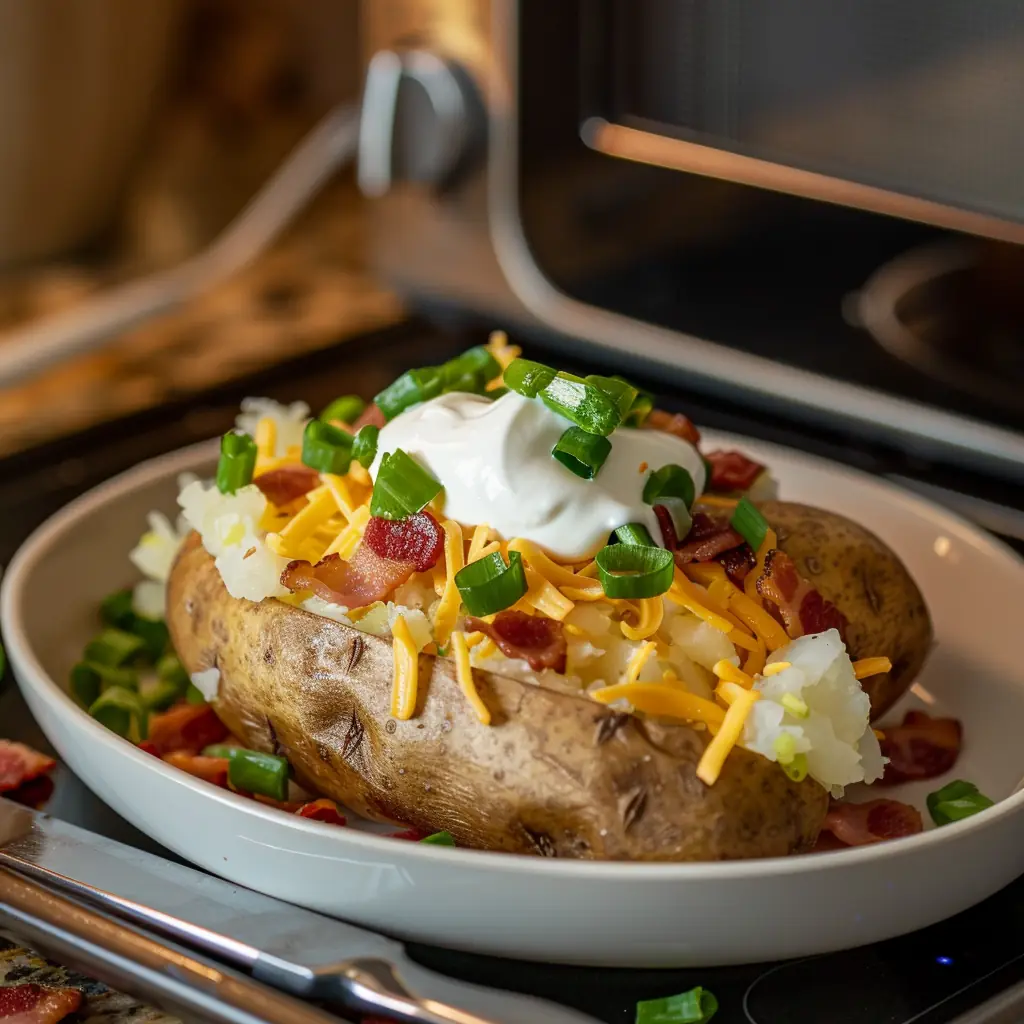 Loaded microwave baked potato with cheese, sour cream and green onion in a dorm room