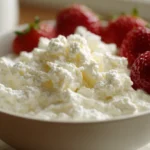 Bowl of low fat cottage cheese served with fresh strawberries on the side.