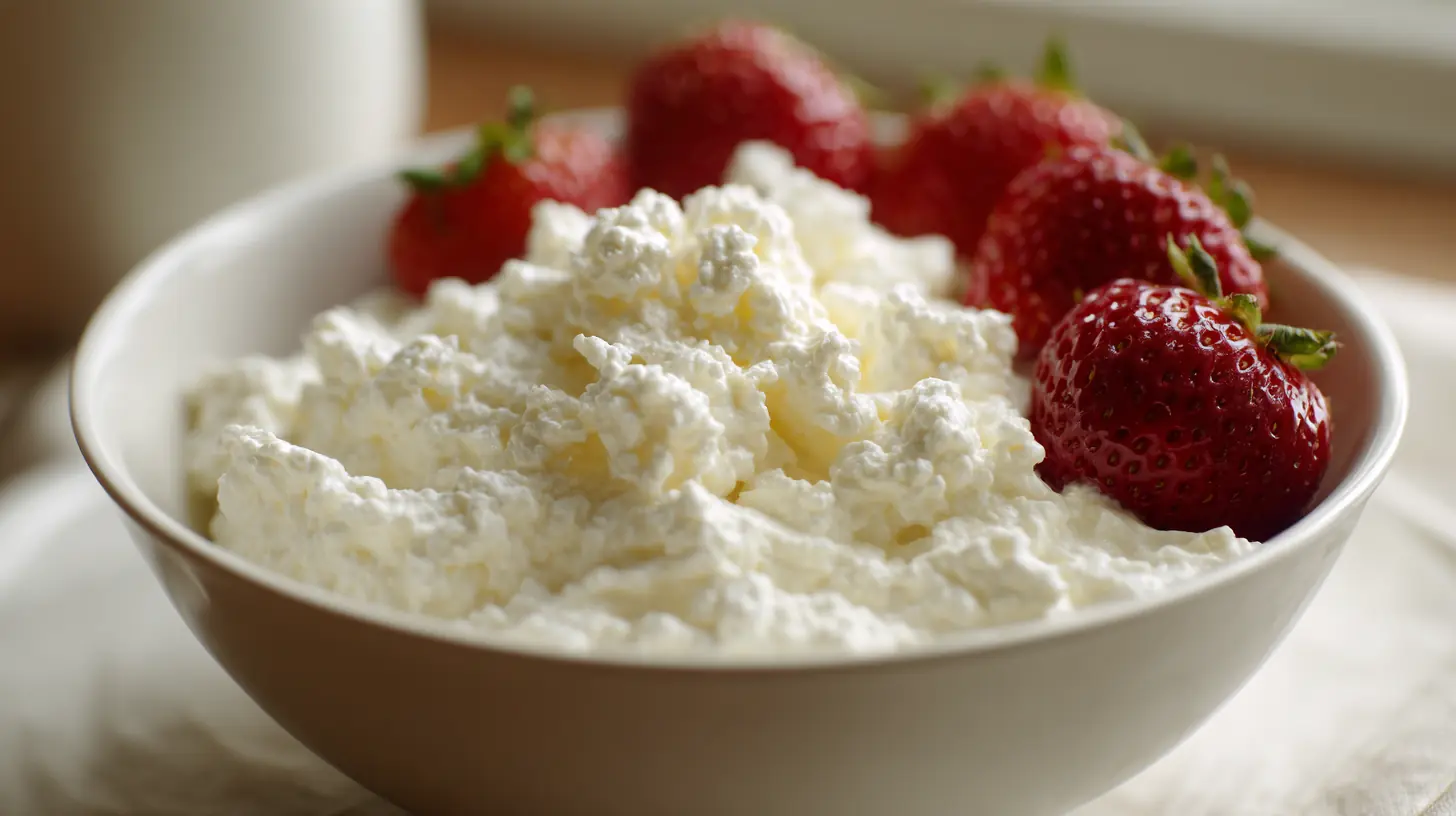 Bowl of low fat cottage cheese served with fresh strawberries on the side.