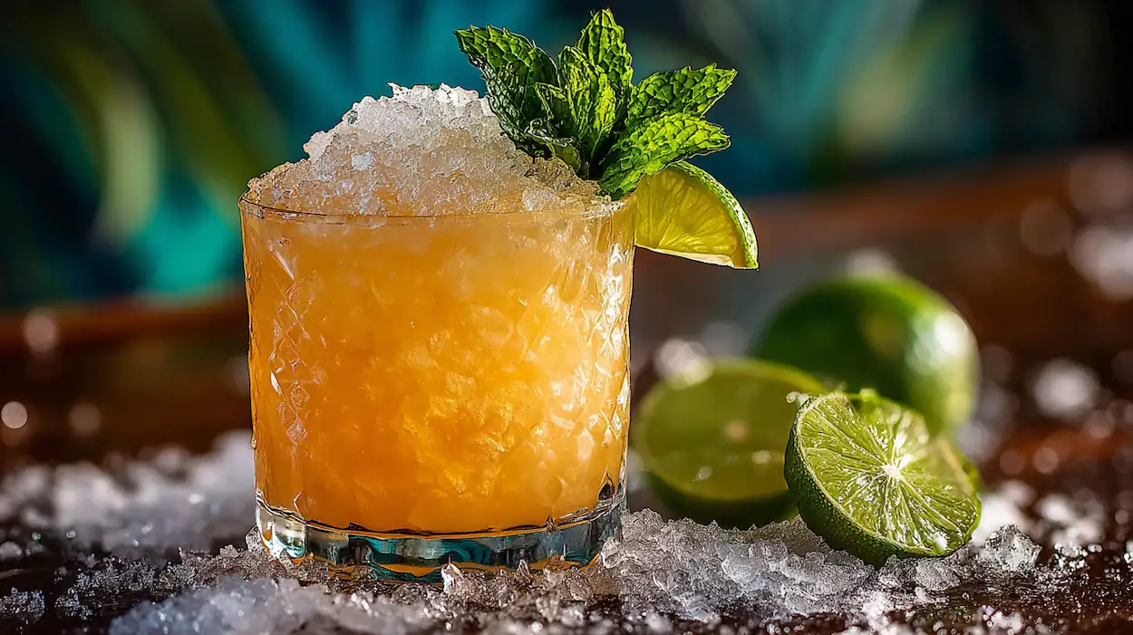 A glass of Mai Tai cocktail filled with crushed ice, garnished with fresh mint and lime, perfect for a tropical drink recipe.