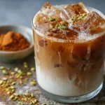 Glass of iced coffee with milk, tahini, maple syrup, cinnamon, and pistachios – refreshing homemade beverage