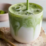 Glass of iced matcha latte made with matcha powder, milk, and ice, swirled beautifully on a rustic cloth background