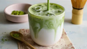 Glass of iced matcha latte made with matcha powder, milk, and ice, swirled beautifully on a rustic cloth background
