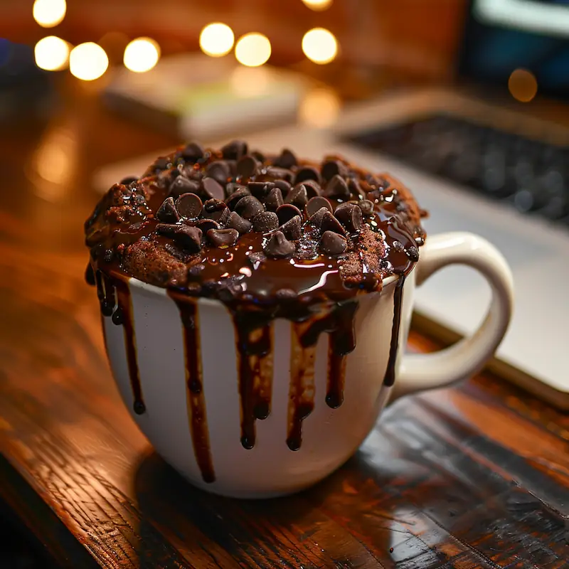 Warm chocolate mug cake with melting chips on a dorm desk at night