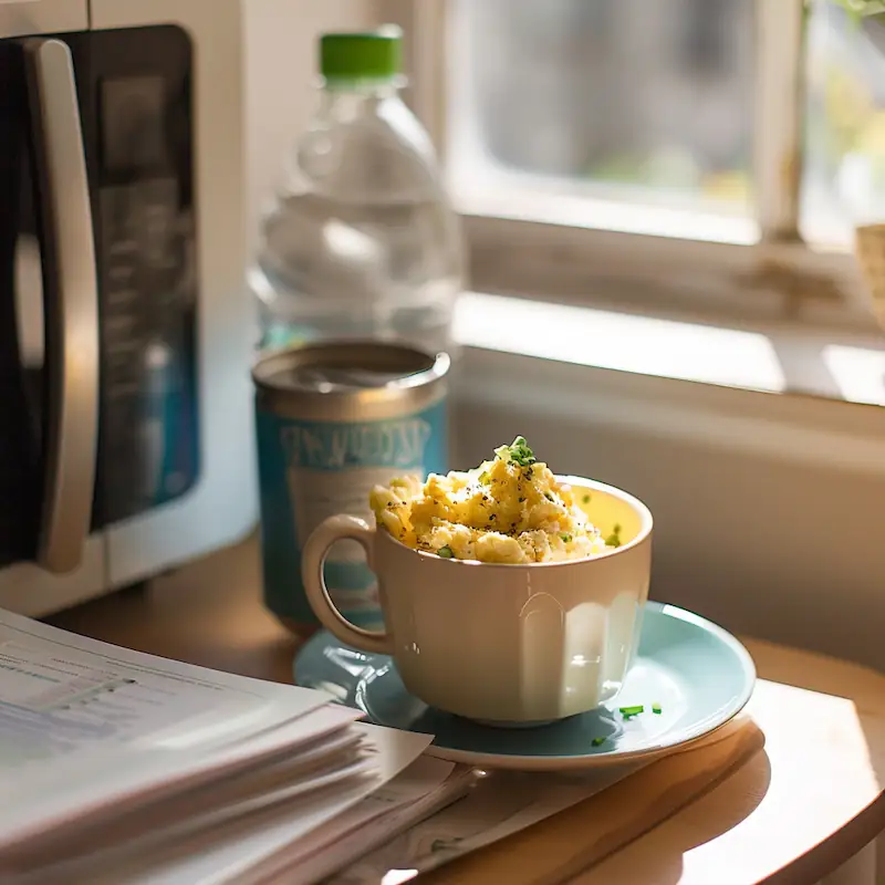 Fluffy egg in a mug topped with chives on a student desk near a microwave