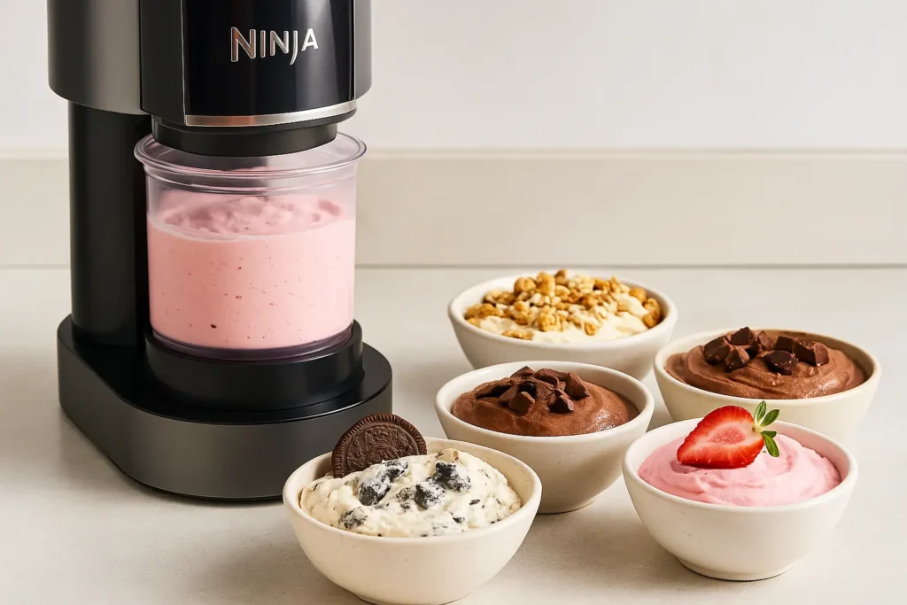 Best Mix-Ins for Ninja Creami: 25 Creative Add-Ins for Creamier, Tastier Ice Cream 1 Four bowls of Ninja Creami ice cream with different toppings next to the machine