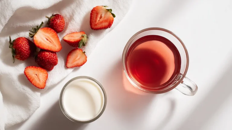 Pink Drink Recipe (3 Ingredients!) – Refreshing Starbucks Copycat 6 Flat lay of ingredients for pink drink recipe with tea, coconut milk, and strawberries