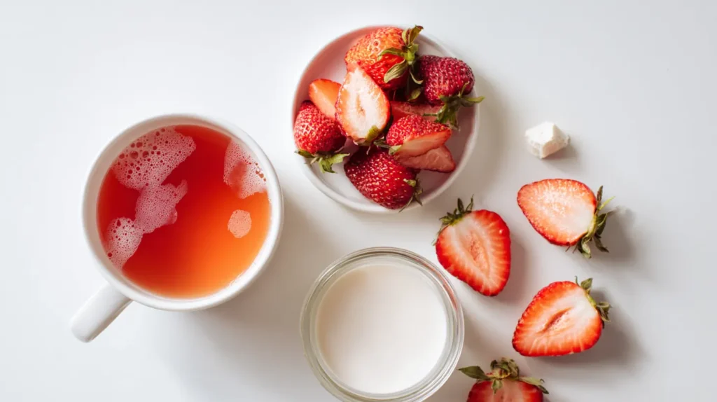 Pink Drink Recipe (3 Ingredients!) – Refreshing Starbucks Copycat 7 Flat lay of ingredients for pink drink recipe with tea, coconut milk, and strawberries