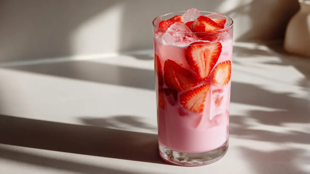Pink Drink Recipe (3 Ingredients!) – Refreshing Starbucks Copycat 5 Pink Drink in Tall Glass with Strawberries 1