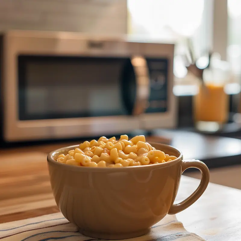 Microwave mug mac and cheese on a cozy dorm desk with a small microwave in the background