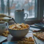 Close-up of realistic dorm microwave meals like mac and cheese, oatmeal, quesadilla, and mug cake