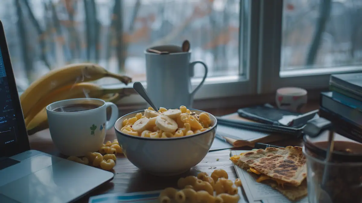 Close-up of realistic dorm microwave meals like mac and cheese, oatmeal, quesadilla, and mug cake