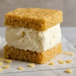 Close-up of a creamy vanilla ice cream sandwich between two golden Rice Krispie treat squares with marshmallows and cereal pieces scattered on parchment.