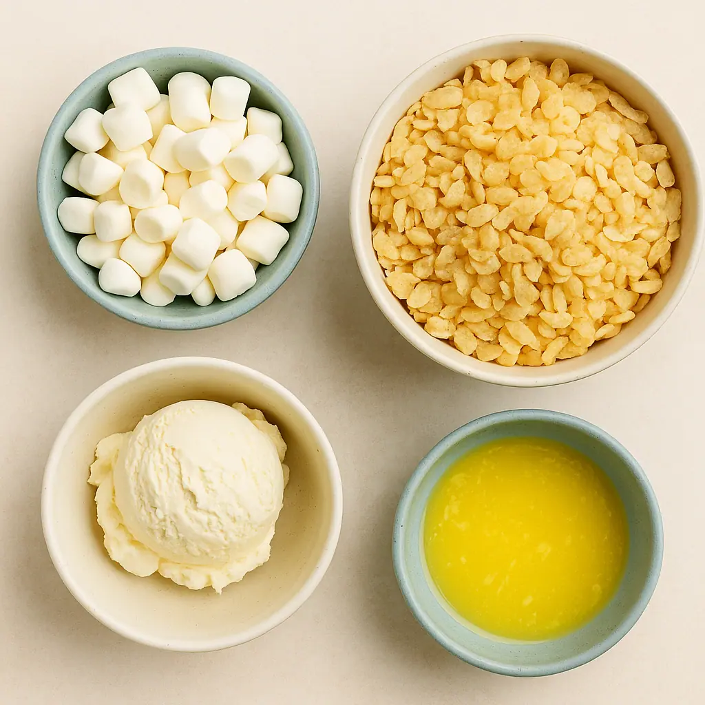 Rice Krispie Ice Cream 4 Top-down view of four bowls filled with ingredients for Rice Krispie ice cream sandwiches: mini marshmallows, puffed rice cereal, melted butter, and a scoop of vanilla ice cream.