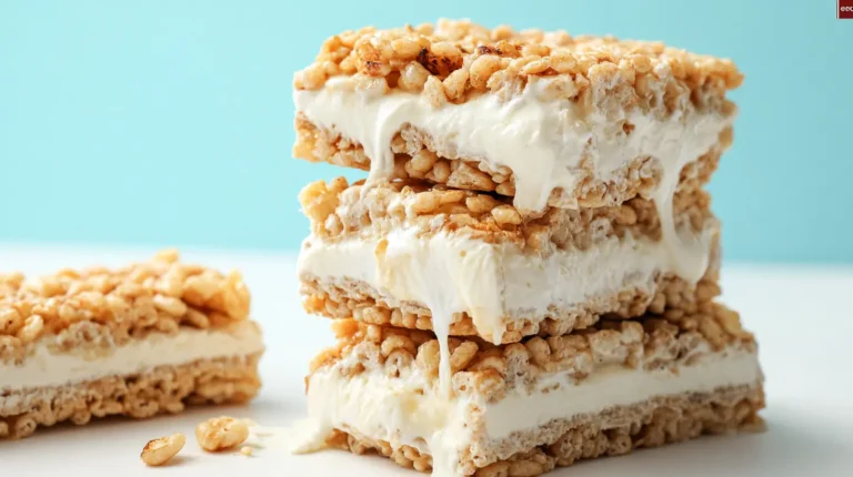 Rice Krispie Ice Cream Sandwich: The No-Bake Snack That’s Blowing Up 3 Three Rice Krispie ice cream sandwiches stacked with vanilla ice cream melting between the cereal layers