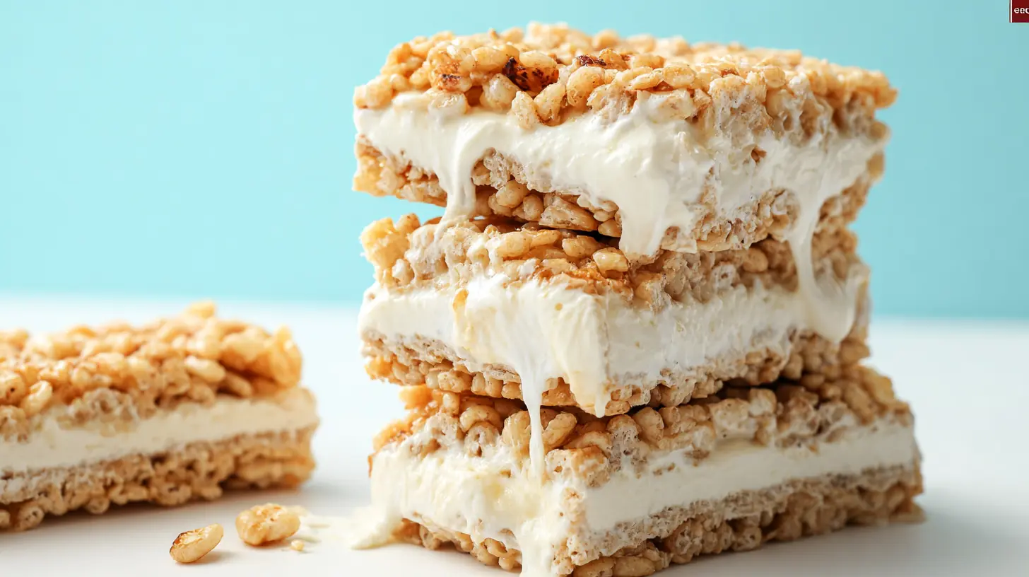 Rice Krispie Ice Cream Sandwich – Easy No-Bake Frozen Treat for Summer 1 Three Rice Krispie ice cream sandwiches stacked with vanilla ice cream melting between the cereal layers