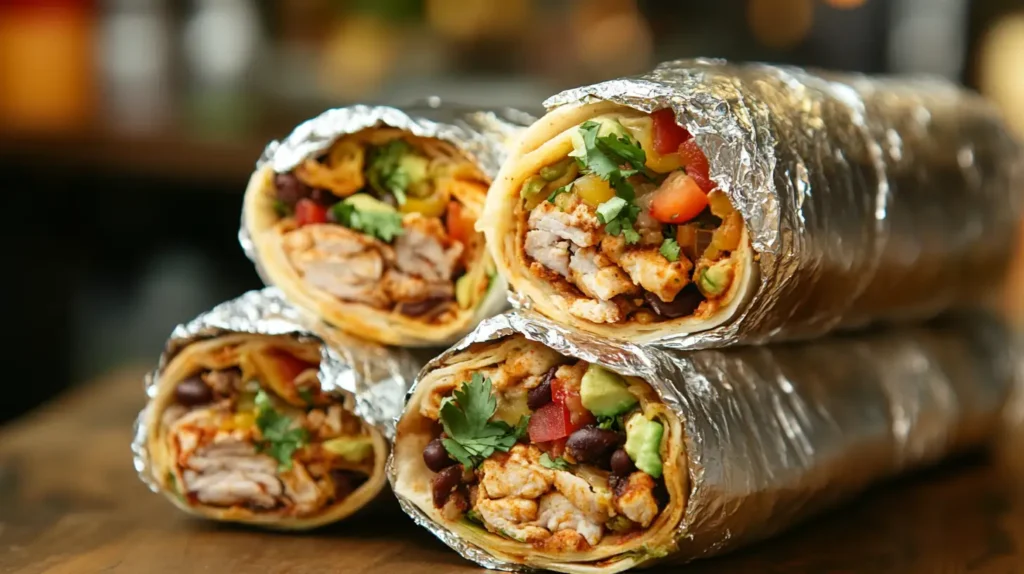 Top 10 College Meal Prep Ideas That Save You Time and Money 3 Stack of foil-wrapped homemade chicken burritos filled with beans, avocado, and vegetables on a wooden surface.