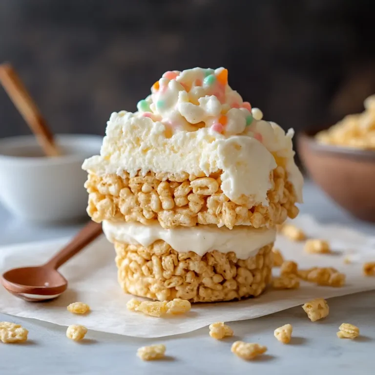 Rice Krispie Ice Cream 3 Layered Rice Krispie ice cream treat topped with rainbow candy and served on parchment paper, with scattered cereal and a wooden spoon in the background.