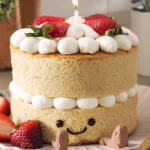 Strawberry Jellycat Birthday Cake: Sweetest Plush for Berry-Loving Fans Cute strawberry birthday cake inspired by Jellycat plush, with whipped cream and smiling face decoration