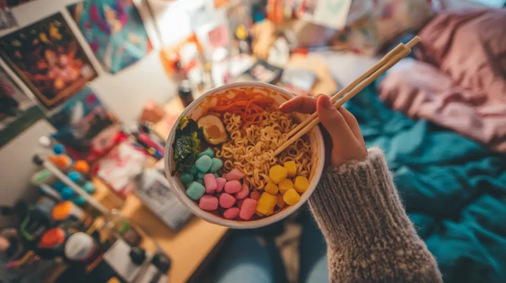 Instant Ramen Hacks Every College Student Should Know 1 Student holding a colorful upgraded instant ramen bowl with toppings in a cozy, decorated dorm room.