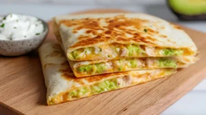 Avocado Cottage Cheese Quesadilla served with dip on wooden board