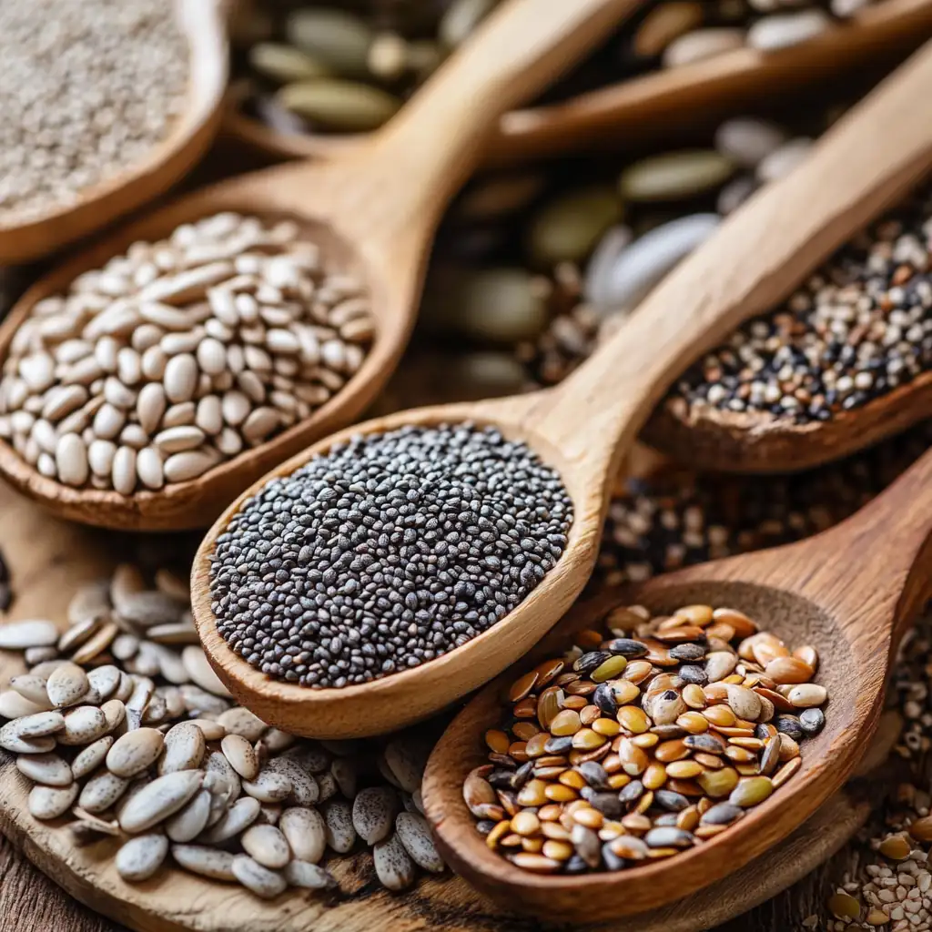 What Is the Bariatric Seed? 1 Close-up of chia, flax, pumpkin, and white seeds arranged on wooden spoons for bariatric diet