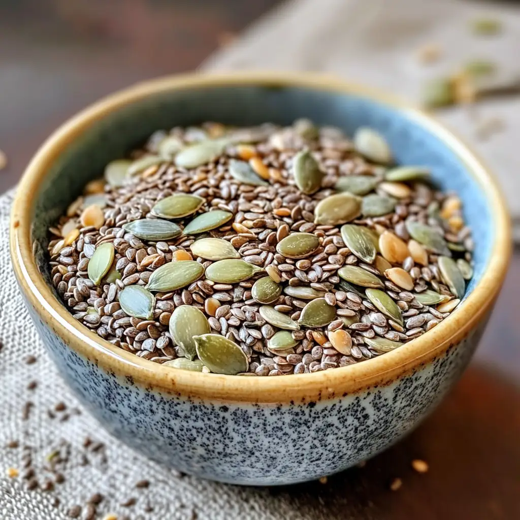 Bariatric Seed Recipe for Healing, Satiety, and Weight Loss 4 Close-up of a healthy bariatric seed mix with chia, flax, and pumpkin seeds in a ceramic bowl