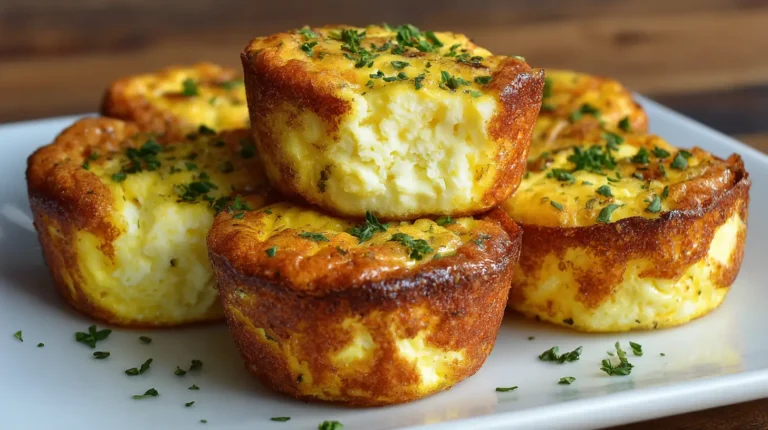 Easy Cottage Cheese Recipes for Students: Cottage Cheese Egg Bites 3 Golden brown cottage cheese egg bites stacked on a white plate, garnished with chopped herbs – a healthy high-protein breakfast option for students.