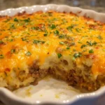 Baked cowboy mashed potato casserole topped with cheddar cheese and parsley in a white dish