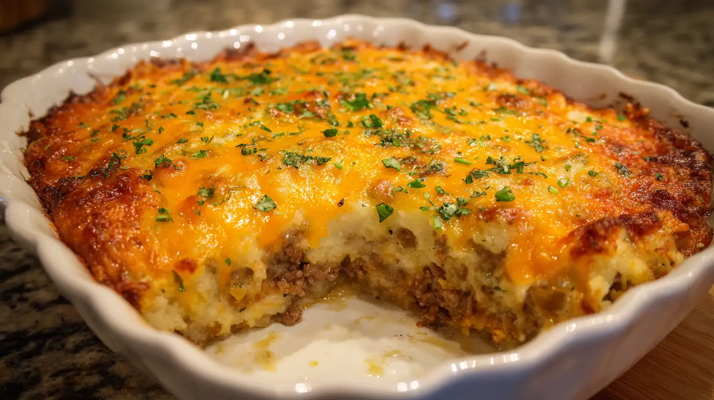 Baked cowboy mashed potato casserole topped with cheddar cheese and parsley in a white dish