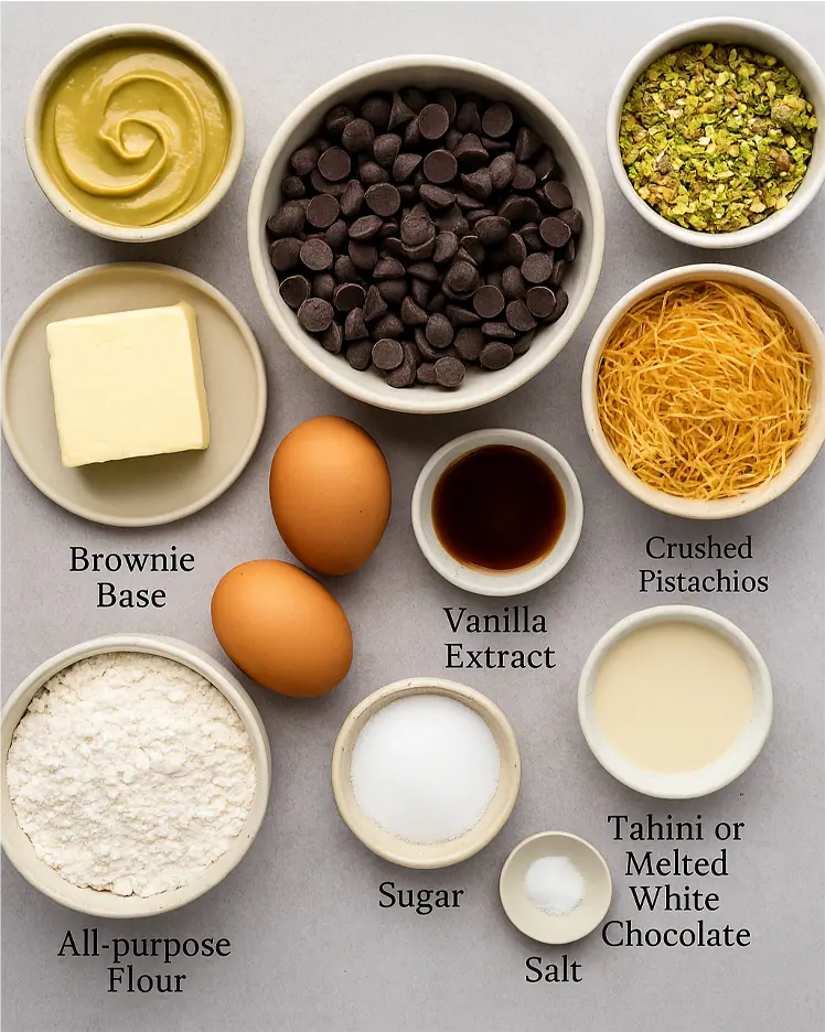 Dubai Chocolate Brownie 4 Flat lay of Dubai brownie ingredients: chocolate chips, pistachios, tahini, flour, butter, eggs, sugar, vanilla, and kataifi pastry