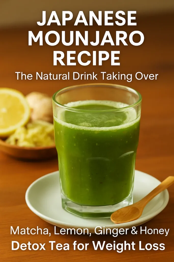 Japanese Mounjaro Recipe: The Natural Drink Taking Over TikTok 4 Glass of Japanese Mounjaro detox drink with matcha, lemon, ginger, and honey on a wooden background