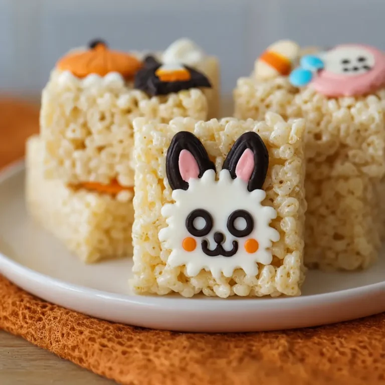 Labubu Rice Krispie Treats – Cute No-Bake Snack for College Students 3 Adorable Labubu Rice Krispie treat with white bunny face, pink cheeks, and chocolate ears on a white plate.