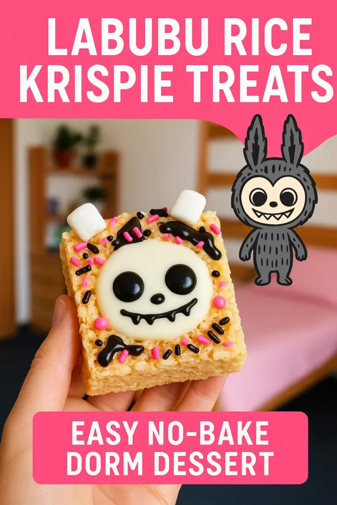 Labubu Rice Krispie Treats – Cute No-Bake Snack for College Students 4 Labubu Rice Krispie Treat decorated with sprinkles and marshmallows, held in a dorm room setting.