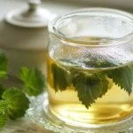 Glass mug of lemon balm tea with fresh leaves and teapot in background