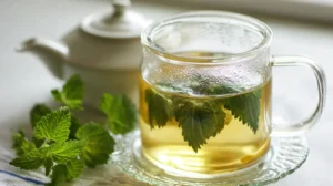 Glass mug of lemon balm tea with fresh leaves and teapot in background